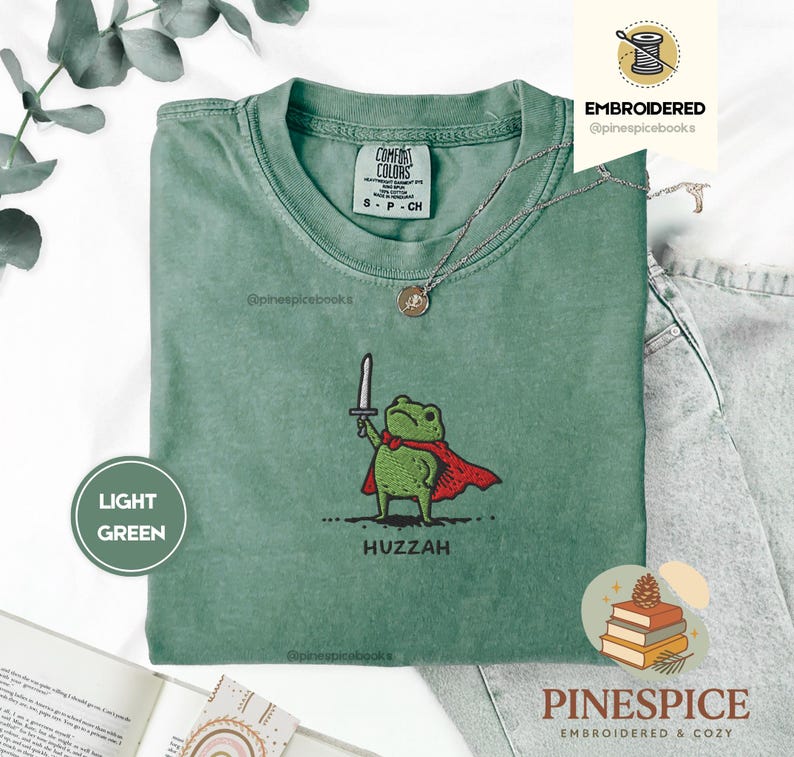 Huzzah Frog with Sword Tee, Embroidered Medieval Frog Shirt, Comfort Colors 1717, Funny DnD T-Shirt, Renaissance Faire Frog Gift