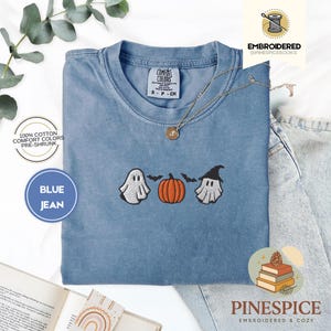 Pumpkins ghosts bats tee, cute halloween embroidered shirt, spooky season t-shirt, comfort colors 1717, cozy fall ghostcore tee, bat shirt