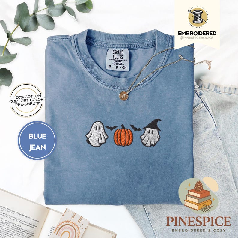 Pumpkins ghosts bats tee, cute halloween embroidered shirt, spooky season t-shirt, comfort colors 1717, cozy fall ghostcore tee, bat shirt