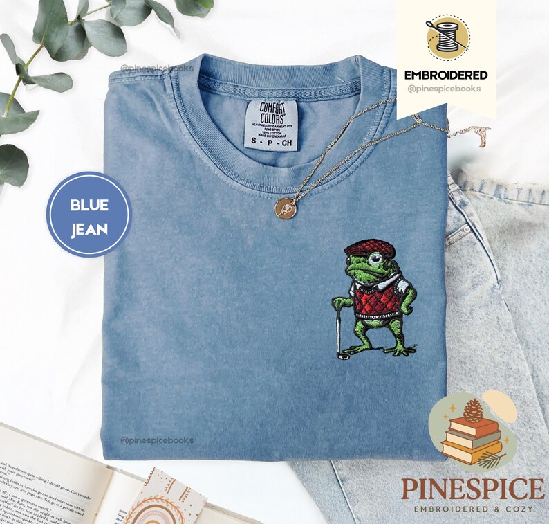 Golf Frog T-Shirt, Funny Embroidered Comfort Colors 1717, Cute Animal Golfer Tee, Whimsical Frog Shirt, Golf Lover Gift
