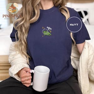 Space Frog Shirt, Embroidered Frog and Satellite Tee, Cute Space T-Shirt, Comfort Colors 1717, Cosmic Frog Gift, Whimsical Frog Tee