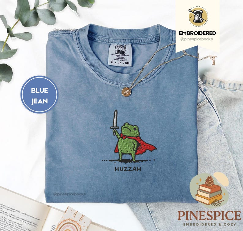 Huzzah Frog with Sword Tee, Embroidered Medieval Frog Shirt, Comfort Colors 1717, Funny DnD T-Shirt, Renaissance Faire Frog Gift
