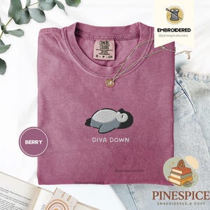 May include: A berry-coloured t-shirt featuring an embroidered design of a sleeping cartoon character and the text "DIVA DOWN." The shirt has a crew neck and short sleeves. A gold necklace with a pendant is draped on the shirt. The shirt is displayed on a white surface.
