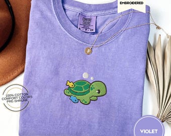 Embroidered Sea Turtle Comfort Colors Beach Shirt, Summer Shirts for Coconut Girls, Cute Tropical Island vibes Gifts, Sea Life Marine Animal