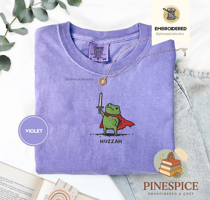 Huzzah Frog with Sword Tee, Embroidered Medieval Frog Shirt, Comfort Colors 1717, Funny DnD T-Shirt, Renaissance Faire Frog Gift