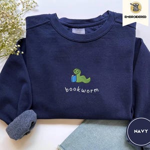 embroidered bookworm comfort colors sweatshirt, cozy fall sweater for book lovers, readers gift