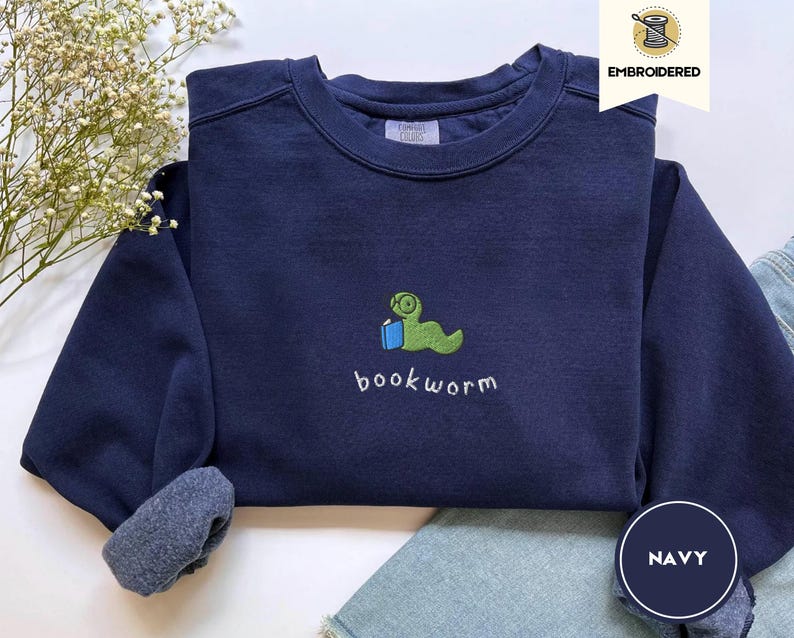 embroidered bookworm comfort colors sweatshirt, cozy fall sweater for book lovers, readers gift