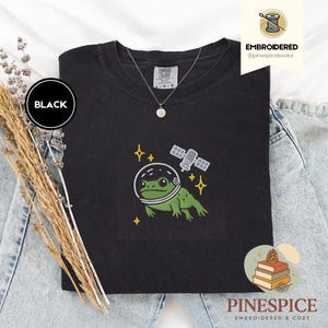 Space Frog Shirt, Embroidered Frog and Satellite Tee, Cute Space T-Shirt, Comfort Colors 1717, Cosmic Frog Gift, Whimsical Frog Tee
