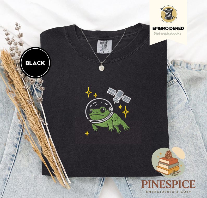 Space Frog Shirt, Embroidered Frog and Satellite Tee, Cute Space T-Shirt, Comfort Colors 1717, Cosmic Frog Gift, Whimsical Frog Tee