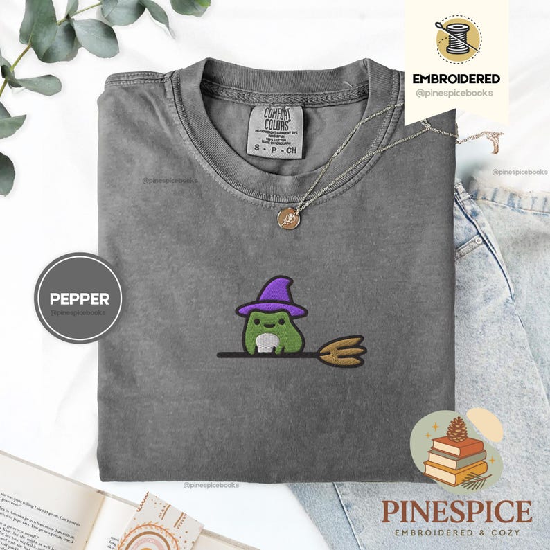 Witchy Frog Broomstick Tee, Embroidered Halloween Shirt, Cute Whimsical Frog T-Shirt, Comfort Colors 1717, Boo Basket Gift, Fall Tee
