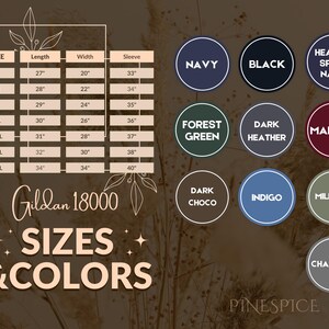 Pu&ograve; includere: Un grafico che mostra le taglie e i colori di Gildan 18000. La tabella delle taglie mostra le misure in pollici per lunghezza, larghezza e manica. Le opzioni di colore includono Navy, Black, Heather Sport Navy, Forest Green, Dark Heather, Maroon, ecc.