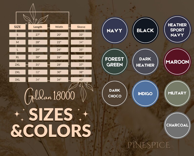 Pu&ograve; includere: Un grafico che mostra le taglie e i colori di Gildan 18000. La tabella delle taglie mostra le misure in pollici per lunghezza, larghezza e manica. Le opzioni di colore includono Navy, Black, Heather Sport Navy, Forest Green, Dark Heather, Maroon, ecc.