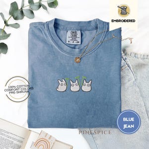Chibi Totoros Embroidered Comfort Colors® Tee – Cute Forest Spirit Shirt, Cottagecore Anime Gift, Cozy Studio Anime inspired Top