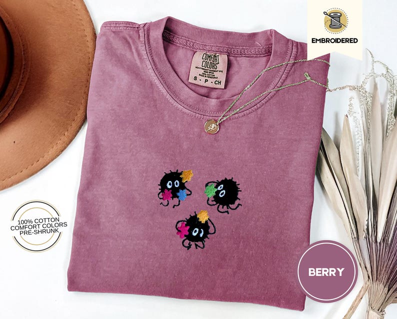 Soot Sprites Cozy Embroidered Comfort Colors® T-Shirt – Studio Inspired Cottagecore Tee, Cute Anime Aesthetic Shirt, Cozy Autumn Whimsy Gift