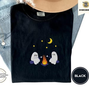 Cute Ghosts Camping Embroidered Comfort Colors Tee, Spooky Season Outdoors Gifts, Halloween Vintage Embroidery Tshirt