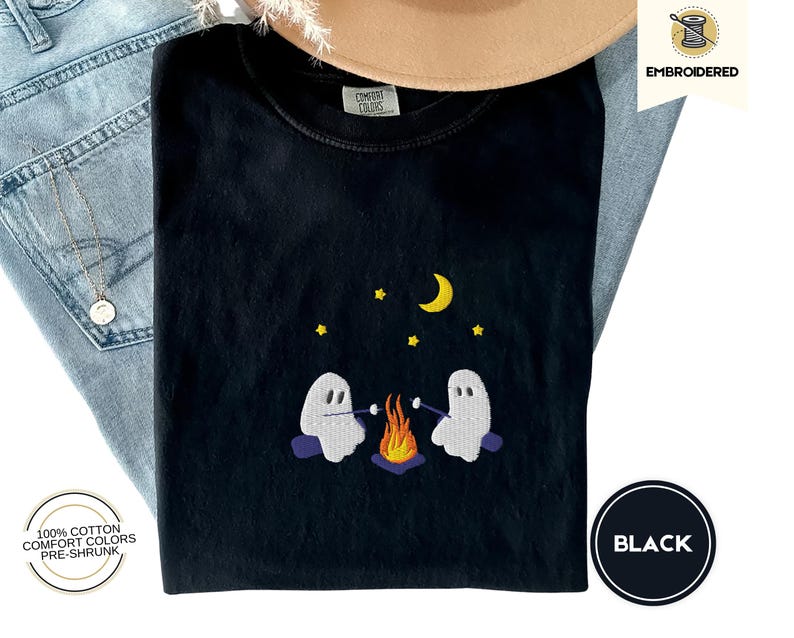 Cute Ghosts Camping Embroidered Comfort Colors Tee, Spooky Season Outdoors Gifts, Halloween Vintage Embroidery Tshirt