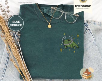 Maglietta Space Frog, graziosi colori ricamati e comodi 1717, maglietta Cosmic Frog, maglietta con animali stravaganti, regalo divertente per gamer, maglietta comoda a forma di rana