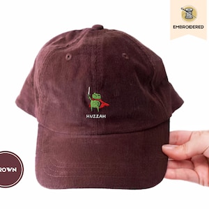 huzzah frog dad hat, embroidered ren faire cap, fantasy sword frog hat, vintage corduroy cap, frog gift, ba703 embroidered hat