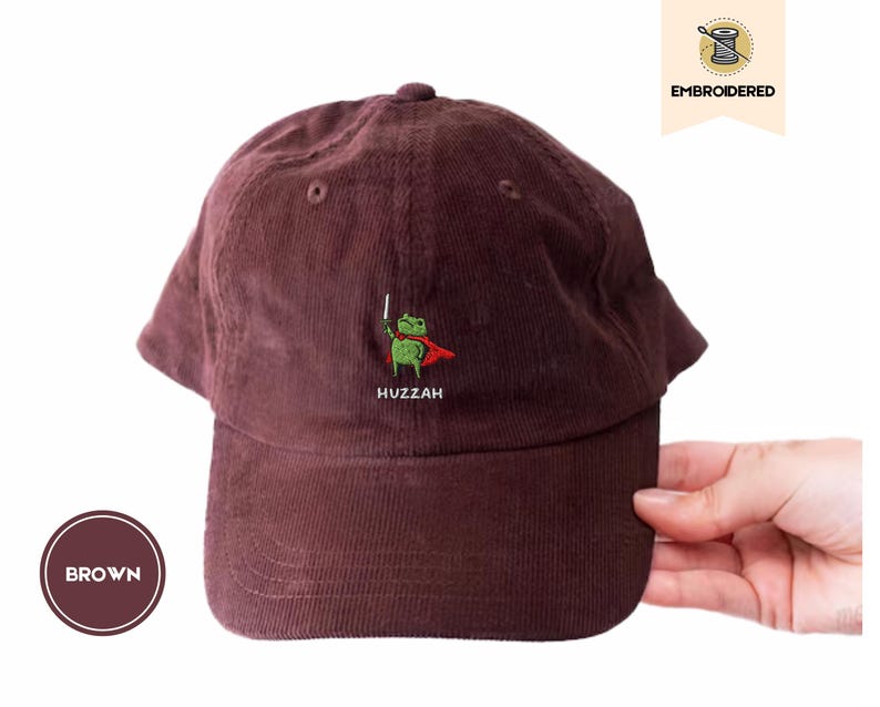huzzah frog dad hat, embroidered ren faire cap, fantasy sword frog hat, vintage corduroy cap, frog gift, ba703 embroidered hat