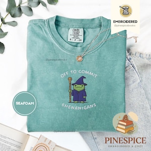 May include: Seafoam green t-shirt with the text "OFF TO COMMIT SHENANIGANS" and an embroidered frog wearing a wizard hat and robe. The shirt is a Comfort Colors brand, size S-CH.