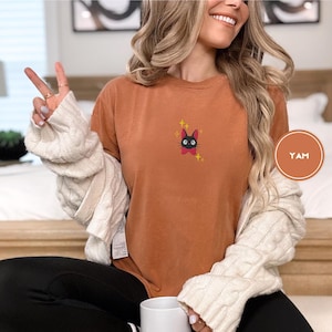 Jiji Anime Cat Embroidered Tee – Comfort Colors® Kawaii Cozy Shirt, Studio-Inspired Witchy Cat Gift, Cute Magical Familiar Tee