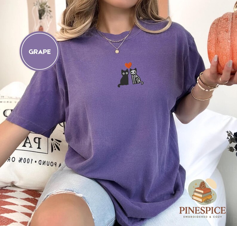 Skeleton Cats Shirt, Cute Halloween Cat Tee, Embroidered Comfort Colors 1717, Spooky Cute T-Shirt, Witchy Cat Gift, Fall Cat Shirt