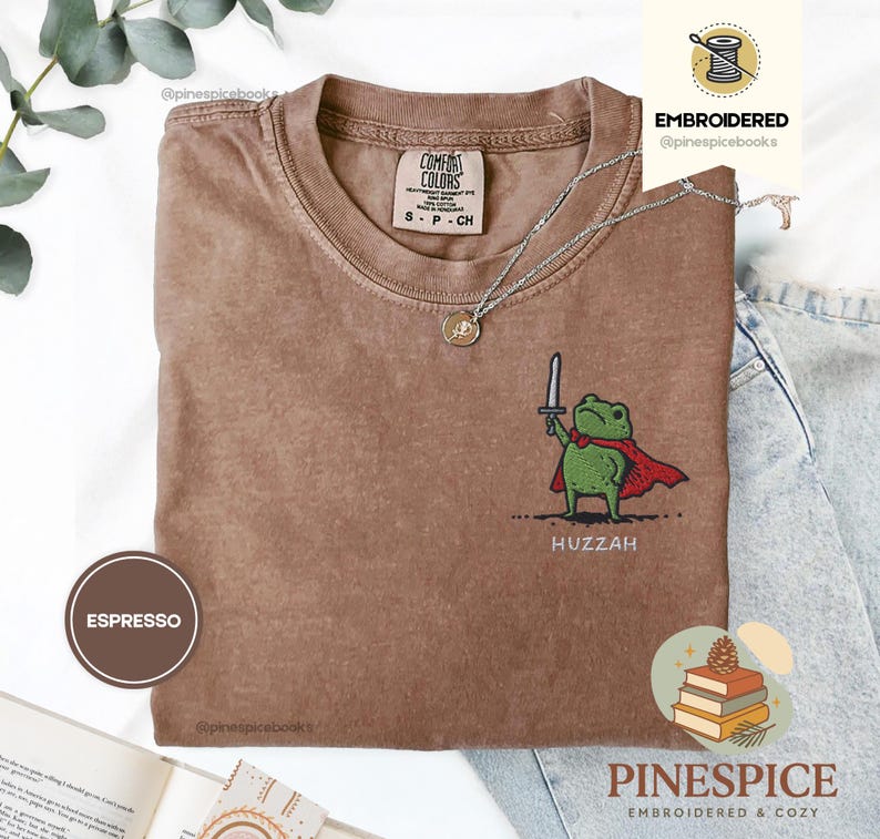Huzzah Frog with Sword Tee, Embroidered Medieval Frog Shirt, Comfort Colors 1717, Funny DnD T-Shirt, Renaissance Faire Frog Gift