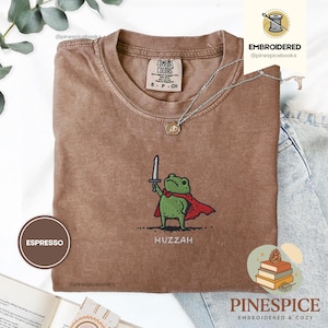 Huzzah Frog with Sword Tee, Embroidered Medieval Frog Shirt, Comfort Colors 1717, Funny DnD T-Shirt, Renaissance Faire Frog Gift