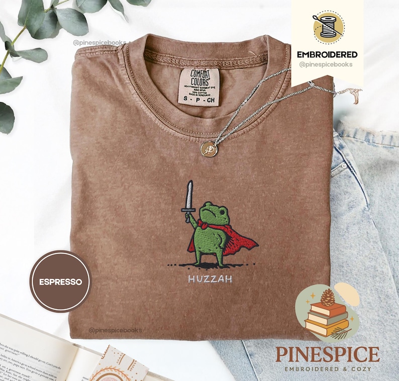 Huzzah Frog with Sword Tee, Embroidered Medieval Frog Shirt, Comfort Colors 1717, Funny DnD T-Shirt, Renaissance Faire Frog Gift