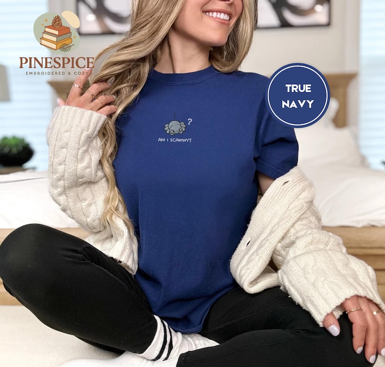 Am I Scawwy T-Shirt, Cute Spider Embroidered Tee, Comfort Colors Funny Wholesome Halloween Shirt True Navy