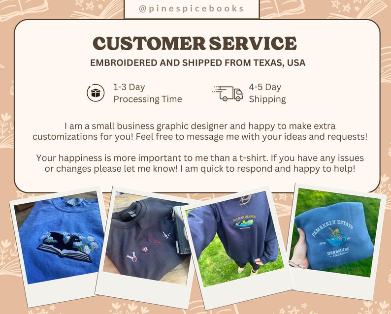 Puede incluir: Informaci&oacute;n de servicio al cliente con ejemplos de ropa bordada. El texto dice "Servicio al cliente, bordado y enviado desde Texas, EE. UU." Los ejemplos incluyen una sudadera azul con un dise&ntilde;o de libro abierto y una sudadera azul marino con un dise&ntilde;o de paisaje.