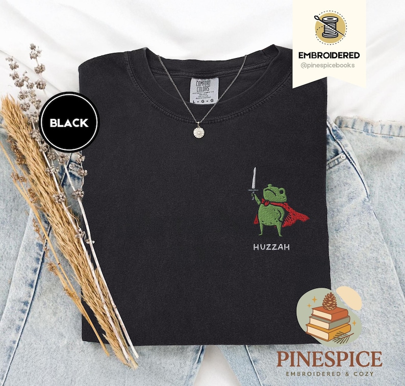 Huzzah Frog with Sword Tee, Embroidered Medieval Frog Shirt, Comfort Colors 1717, Funny DnD T-Shirt, Renaissance Faire Frog Gift