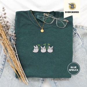 Chibi Totoros Embroidered Comfort Colors® Tee – Cute Forest Spirit Shirt, Cottagecore Anime Gift, Cozy Studio Anime inspired Top