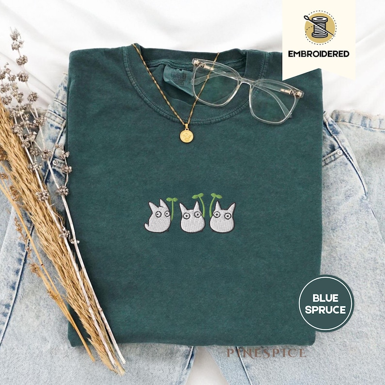 Chibi Totoros Embroidered Comfort Colors® Tee – Cute Forest Spirit Shirt, Cottagecore Anime Gift, Cozy Studio Anime inspired Top