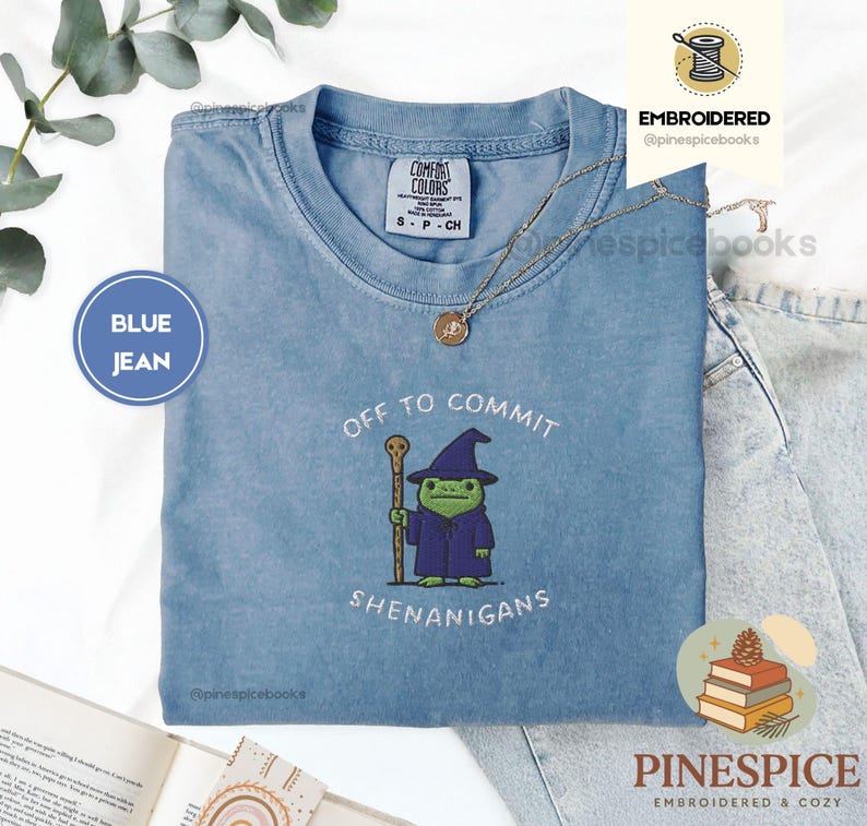 Off to Commit Shenanigans Wizard Frog Funny DnD Tee, Embroidered Comfort Colors 1717, Ren Faire Fantasy Gift