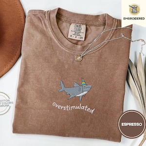 Overstimulated Party Hat Shark Embroidered Comfort Colors® Tee – Funny Weirdcore Summer Shirt, Neurodivergent Shark Shirt, Ocean Vibes Tee