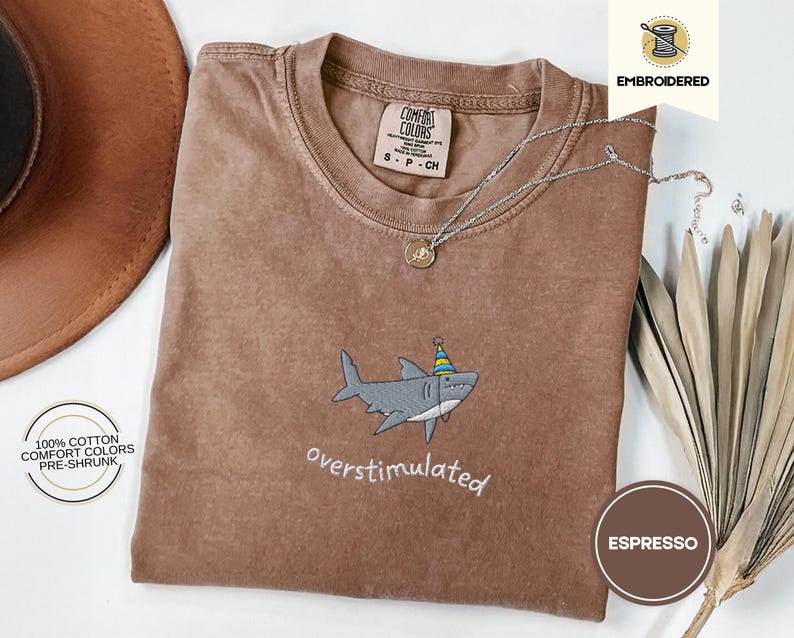 Overstimulated Party Hat Shark Embroidered Comfort Colors® Tee – Funny Weirdcore Summer Shirt, Neurodivergent Shark Shirt, Ocean Vibes Tee