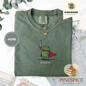 Huzzah Frog with Sword Tee, Embroidered Medieval Frog Shirt, Comfort Colors 1717, Funny DnD T-Shirt, Renaissance Faire Frog Gift