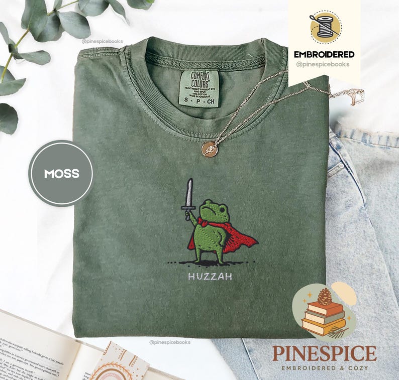 Huzzah Frog with Sword Tee, Embroidered Medieval Frog Shirt, Comfort Colors 1717, Funny DnD T-Shirt, Renaissance Faire Frog Gift