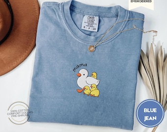Mama Duck and Ducklings Embroidered Comfort Colors® Tee, Cute Cottagecore Duck Shirt, Wholesome Nature Lover Gift, Cozy Spring Animal Tee