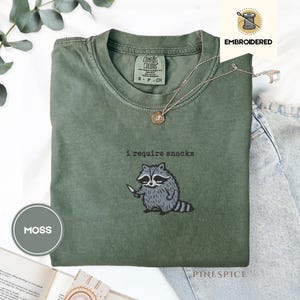 I Require Snacks Embroidered Raccoon Tee – Funny Comfort Colors® Shirt, Goblincore Animal Lover Gift, Cozy Snack Gremlin Tee