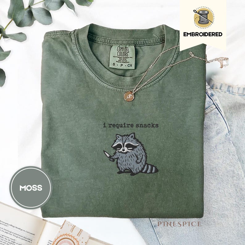 I Require Snacks Embroidered Raccoon Tee – Funny Comfort Colors® Shirt, Goblincore Animal Lover Gift, Cozy Snack Gremlin Tee
