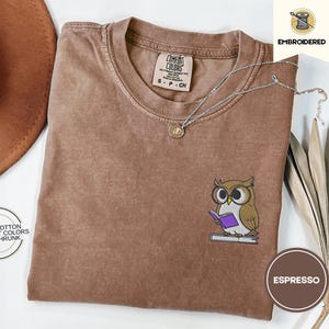 Embroidered Owl Reading Comfort Colors Tee, Late night readers book club gift, night owl bookstagram booktok merch retro literary bookworm