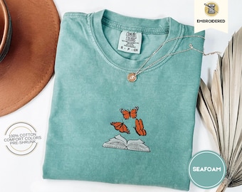 Embroidered Butterflies and Books Comfort Colors TShirt, Gift for Book Lovers, Gifts for Readers, Butterfly and Book Cute Retro Shirt