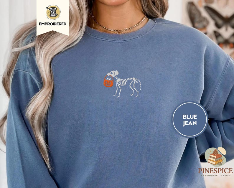 Skeleton Dog Trick or Treat Sweatshirt, Embroidered Halloween Dog Shirt, Comfort Colors 1566, Cozy Fall Pullover, Spooky Pet Lover Gift, Boo