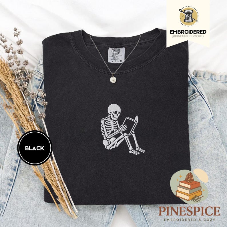 Skeleton reading book tee, embroidered skeleton coffee shirt, spooky book lover t-shirt, comfort colors 1717 fall vibes shirt, boo basket