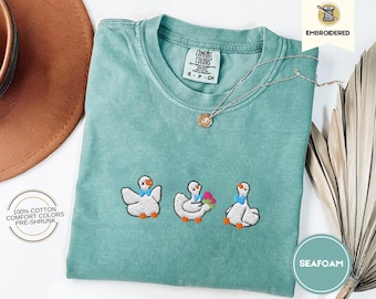 Cute Spring Geese Embroidered Comfort Colors Tee, Springtime Goose Shirt, SIlly Goose on the Loose TShirt, Gifts for Easter, Adorable animal