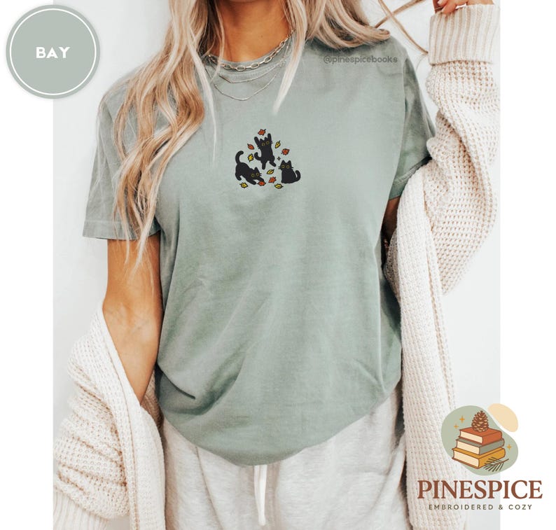 Black Cats and Fall Leaves Tee, Embroidered Autumn Cat Shirt, Comfort Colors 1717, Cute Fall T-Shirt, Cozy Cat Lover Gift, Autumn Aesthetic