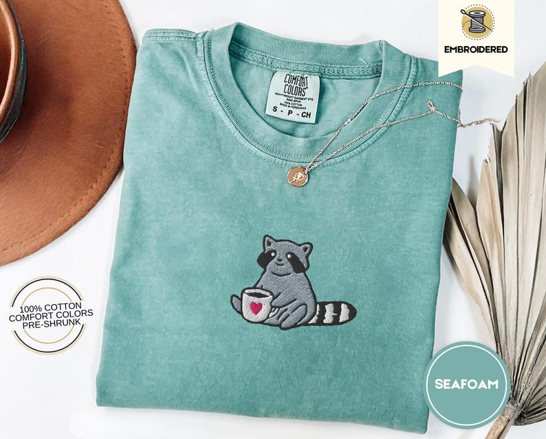 Raccoon Coffee Embroidered Shirt Comfort Colors Tee - Cute Animal Embroidery - Coffee Lover Gift - Cottagecore Forestcore Tee - Cozy T-Shirt