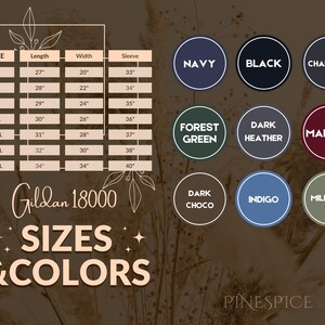 Puede incluir: Una tabla que muestra tallas y colores de Gildan 18000. La tabla de tallas muestra medidas en pulgadas para largo, ancho y manga. Los colores incluyen Navy, Black, Charcoal, Forest Green, Dark Heather, Maroon, Dark Choco, Indigo y Military.